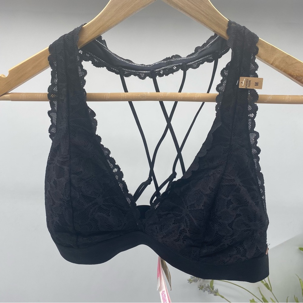 PINK Victoria's Secret Bralette Black Lace Triangle Plunge Strappy Unlined Med